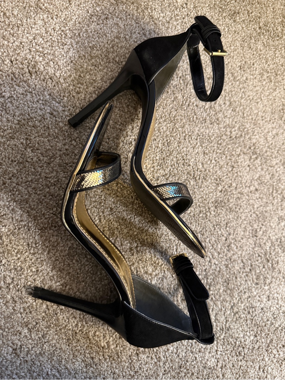 Guess Black Ankle-Strap Stiletto Sandals with Metallic Snakeskin and suede upper